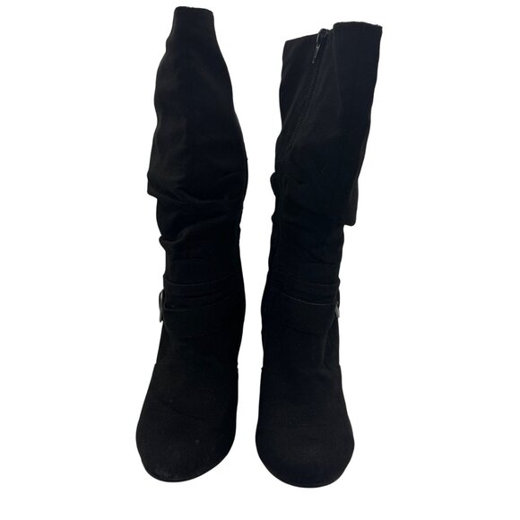 Apt. 9  Size 7 Black Faux Suede Mid-Calf Cone Heel Boots With Buckle Accents - Picture 1 of 11